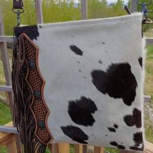 Myra Bag Brown Cowboy Fringe Leather Cowhide New